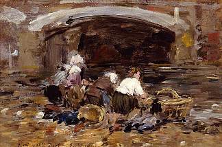 桥边的洗衣店 Laundresses near a Bridge (c.1887; France                     )，尤金·布丹