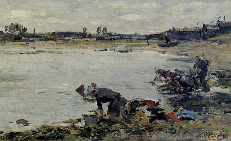 图克河畔的洗衣店 Laundresses on the Banks of the Touques (c.1887; France  )，尤金·布丹