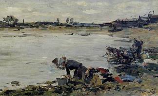 图克河畔的洗衣店 Laundresses on the Banks of the Touques (c.1887; France                     )，尤金·布丹