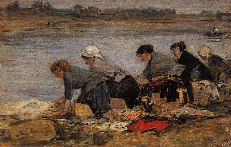 图克河畔的洗衣店 Laundresses on the Banks of the Touques (c.1887; France  )，尤金·布丹