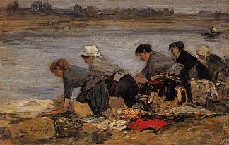 图克河畔的洗衣店 Laundresses on the Banks of the Touques (c.1887; France                     )，尤金·布丹