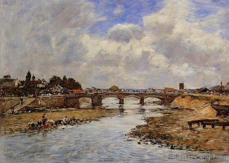 图克河畔的洗衣店 Laundresses on the Banks of the Touques (c.1887; France  )，尤金·布丹