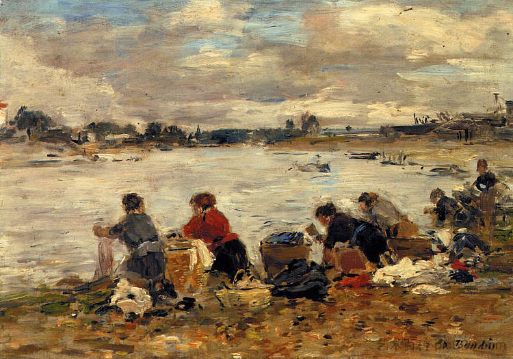 图克河畔的洗衣店 Laundresses on the Banks of the Touques (c.1896; France  )，尤金·布丹