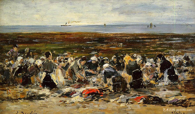 海滩上的洗衣店， 退潮 Laundresses on the beach, Low tide (c.1893; France  )，尤金·布丹