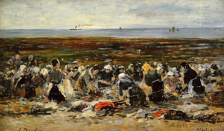 海滩上的洗衣店， 退潮 Laundresses on the beach, Low tide (c.1893; France  )，尤金·布丹