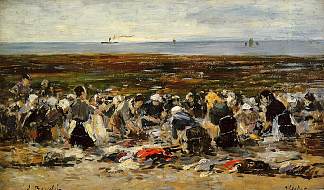 海滩上的洗衣店， 退潮 Laundresses on the beach, Low tide (c.1893; France                     )，尤金·布丹