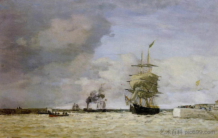 勒阿弗尔。进入港口。 Le Havre. Entrance to the Port. (c.1864; France  )，尤金·布丹