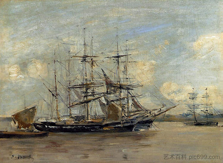 勒阿弗尔，三位大师在港口停泊 Le Havre, Three Master at Anchor in the Harbor (c.1879; France  )，尤金·布丹