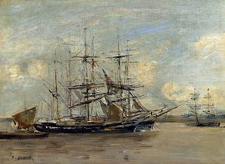 勒阿弗尔，三位大师在港口停泊 Le Havre, Three Master at Anchor in the Harbor (c.1879; France                     )，尤金·布丹
