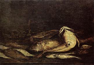 鲻鱼和鱼 Mullet and Fish (c.1873; France                     )，尤金·布丹