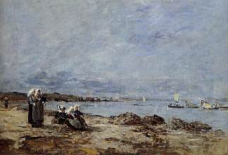 犁，等待渡轮的女人 Plougastel, Women Waiting for the Ferry (1870; France                     )，尤金·布丹