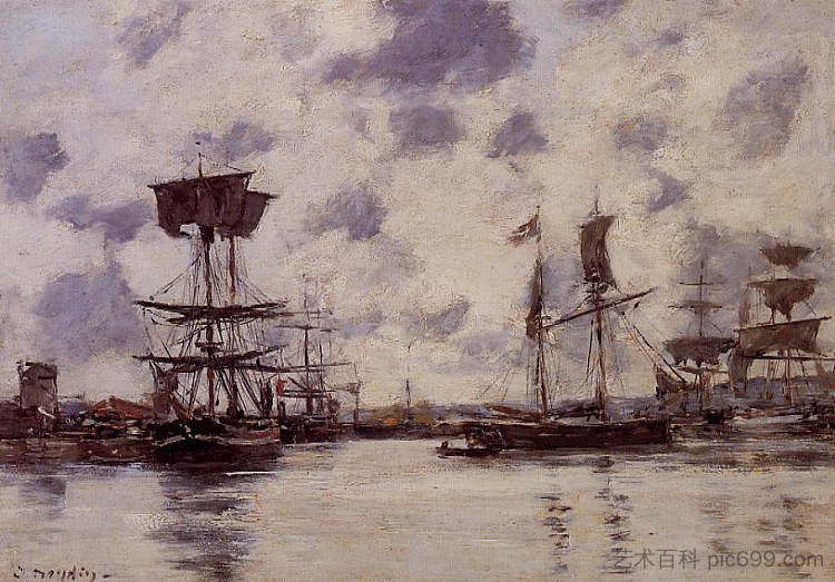 锚泊的帆船 Sailing Boats at Anchor (c.1883; France  )，尤金·布丹