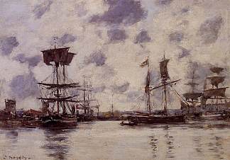 锚泊的帆船 Sailing Boats at Anchor (c.1883; France                     )，尤金·布丹