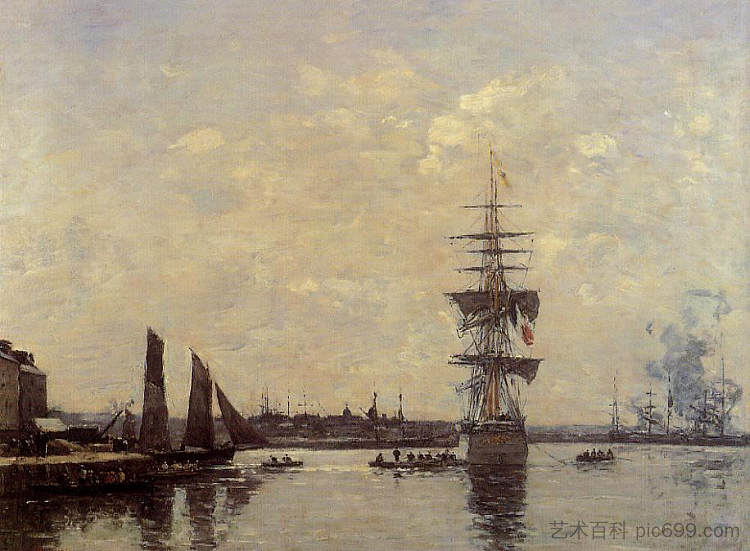 码头的帆船 Sailing Boats at Quay (c.1870; France  )，尤金·布丹