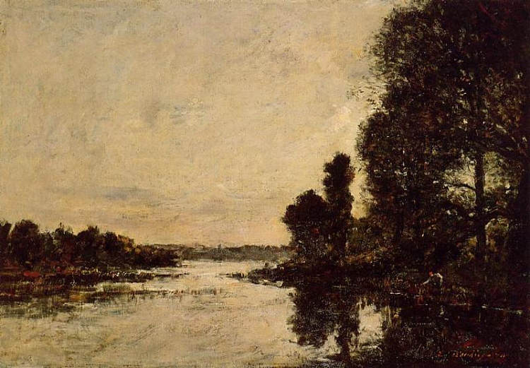 索姆河畔圣瓦莱里运河上的月出 Saint-Valery-sur-Somme Moonrise over the Canal (c.1891; France  )，尤金·布丹