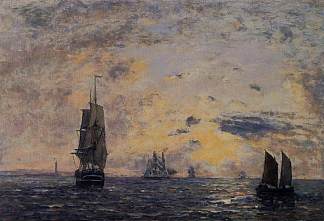海景， 渔船 Seascape, Fishing Boats (c.1890; France                     )，尤金·布丹