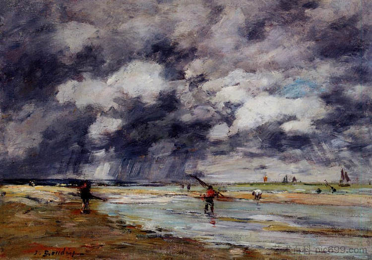 退潮时岸边，雨天，特鲁维尔附近 Shore at Low Tide, Rainy Weather, near Trouville (1895; France  )，尤金·布丹