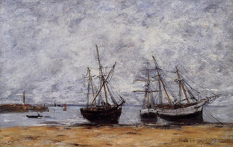 退潮时的波特里埃港 The port Portrieux at low tide (c.1872; France  )，尤金·布丹