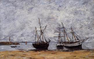 退潮时的波特里埃港 The port Portrieux at low tide (c.1872; France                     )，尤金·布丹