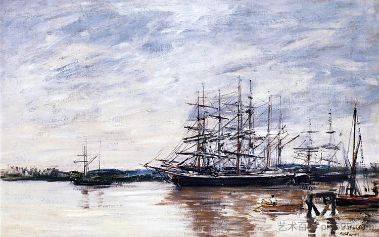 波尔多港口的三桅船 Three Masted Ship in Port, Bordeaux (c.1875; France  )，尤金·布丹