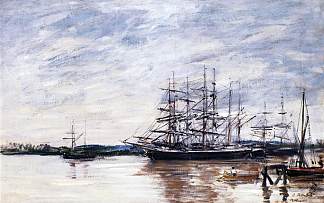 波尔多港口的三桅船 Three Masted Ship in Port, Bordeaux (c.1875; France                     )，尤金·布丹