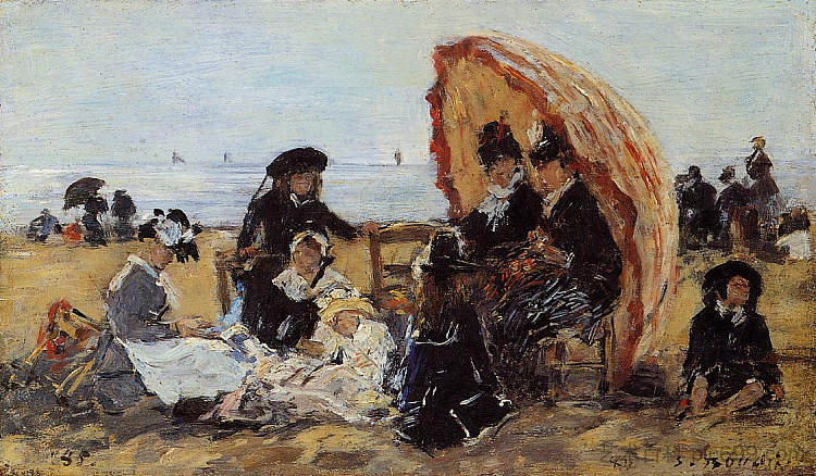 特鲁维尔，在遮阳伞庇护下的海滩上 Trouville, on the Beach Sheltered by a Parasol (1895; France  )，尤金·布丹