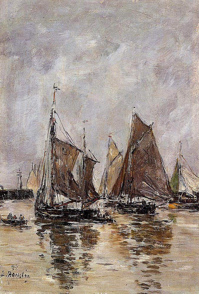 特鲁维尔，沙丁鱼船开始航行 Trouville, Sardine Boats Getting Underway (1894; France  )，尤金·布丹