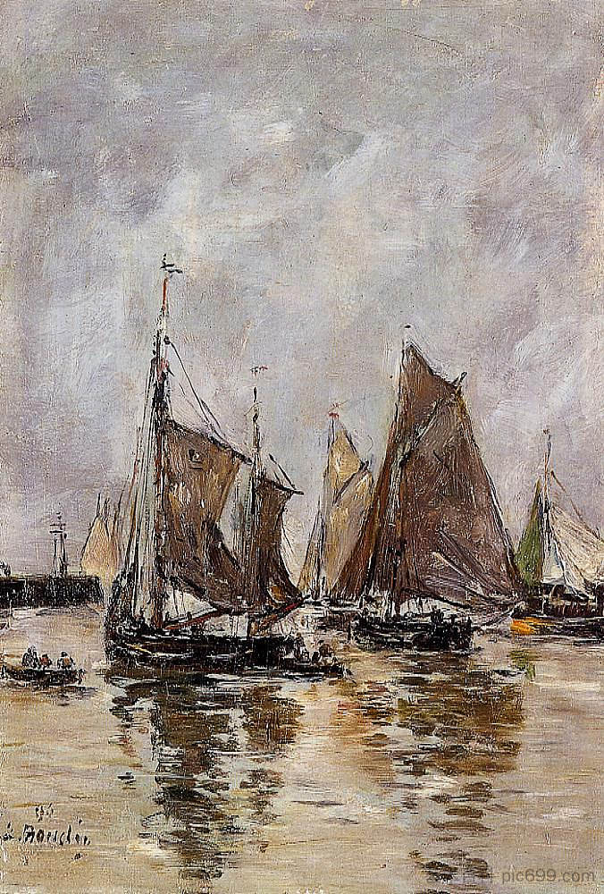 特鲁维尔，沙丁鱼船开始航行 Trouville, Sardine Boats Getting Underway (1894; France  )，尤金·布丹