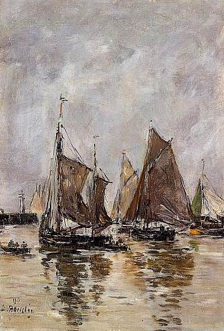 特鲁维尔，沙丁鱼船开始航行 Trouville, Sardine Boats Getting Underway (1894; France                     )，尤金·布丹