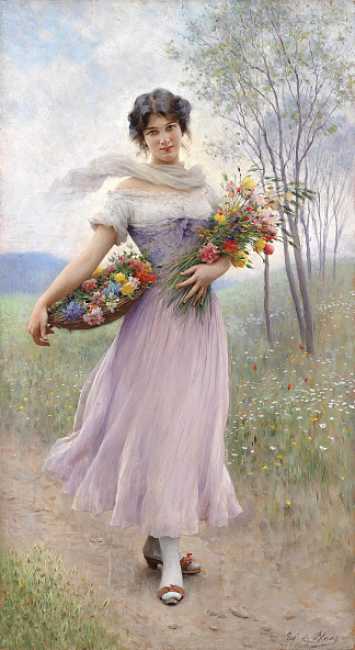女孩穿着淡紫色连衣裙，花束 Girl in a Lilac-Coloured Dress with Bouquet of Flowers，尤金·德·布拉斯