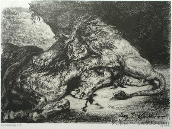 狮子吞噬阿拉伯马 Lion devouring an Arab horse (1850)，欧仁·德拉克罗瓦