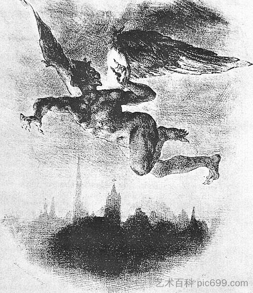 维滕贝格上的梅菲斯特（选自歌德《浮士德》） Mephistopheles Over Wittenberg (From Goethe's Faust) (1839)，欧仁·德拉克罗瓦