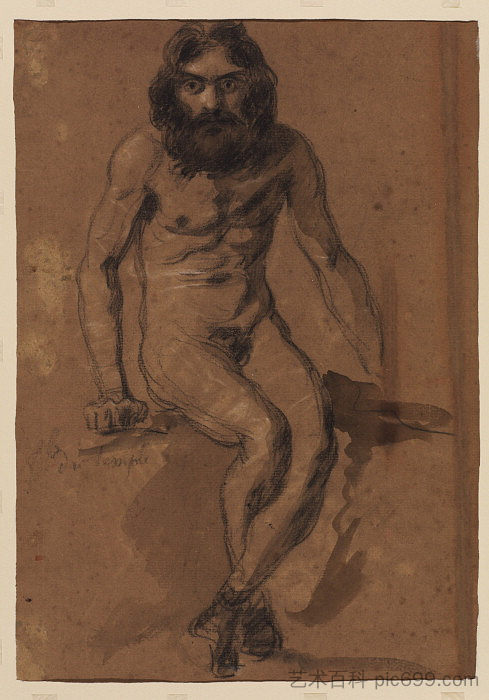 裸体大胡子男人，坐着 Nude bearded man, seated，欧仁·德拉克罗瓦