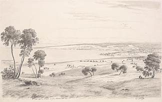 从罗伯逊山东边看到的科拉克和部分湖泊 Colac and part of the lake seen from Robertson’s Hill east (1858)，约翰·约瑟夫·尤金·冯·盖拉德