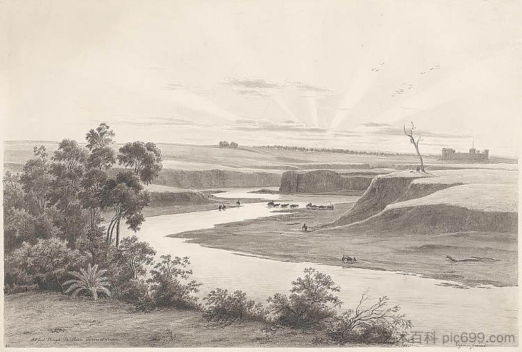 穿过阿德莱德托伦斯河的老福特 Old ford through the River Torrens at Adelaide (1858)，约翰·约瑟夫·尤金·冯·盖拉德