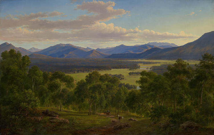 米塔米塔山谷的春天与博贡山脉 Spring in the valley of the Mitta Mitta with the Bogong Ranges (1866),约翰·约瑟夫·尤金·冯·盖拉德