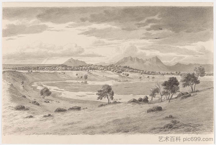 鲟鱼山的景色,从一座死火山秃山的火山口突然出现 View of Mount Sturgeon and Abrupt from the crater of Bald Hill, an extinct volcano (1858),约翰·约瑟夫·尤金·冯·盖拉德