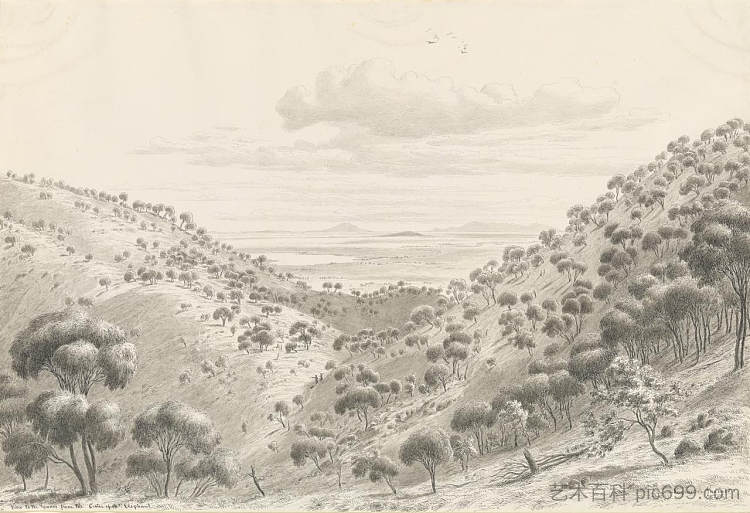 从大象山火山口眺望比利牛斯山脉 View to the Pyrenees from the crater of Mt Elephant (1858)，约翰·约瑟夫·尤金·冯·盖拉德