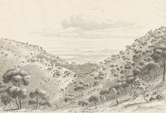 从大象山火山口眺望比利牛斯山脉 View to the Pyrenees from the crater of Mt Elephant (1858)，约翰·约瑟夫·尤金·冯·盖拉德