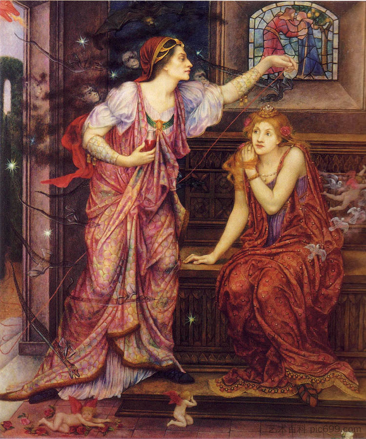 埃莉诺王后和费尔·罗莎蒙德 Queen Eleanor and Fair Rosamund (c.1880 - c.1919),伊芙琳·德·摩根