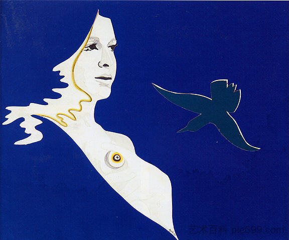 与绿鸟的自画像或与绿鸟的女人 Autoportrait à l’oiseau vert ou Femme à l’oiseau vert (1962)，埃弗林·艾克塞尔