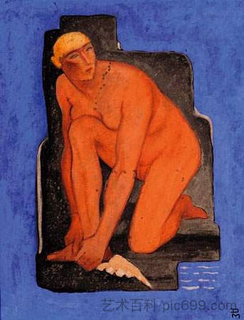 跪在蓝色背景上的裸体 Nu agenouillé sur fond bleu (1937),费利克斯·德尔马尔勒