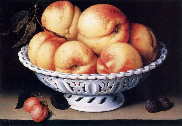 白色陶瓷碗配桃子和红蓝李子 White Ceramic Bowl with Peaches and Red and Blue Plums (c.1610)，菲德·加里奇亚