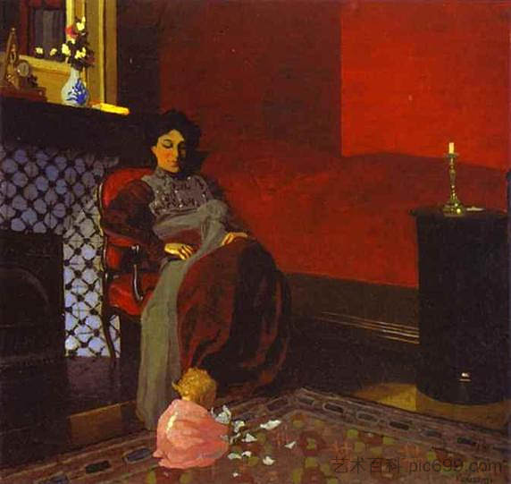 内部红色客房 - 带妇女和儿童 Interior Red Room with Woman and Child (1899)，费利克斯·瓦洛顿