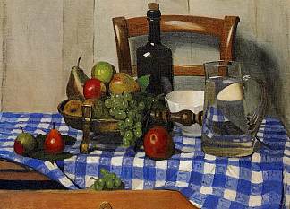 静物与蓝色方格桌布 Still Life with Blue Checkered Tablecloth (1919)，费利克斯·瓦洛顿