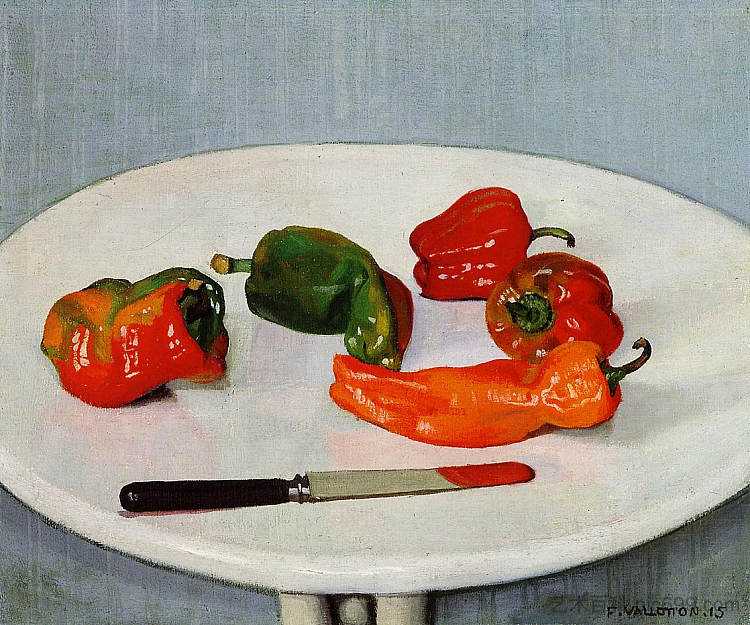 白漆桌上的红辣椒静物 Still Life with Red Peppers on a White Lacquered Table (1915)，费利克斯·瓦洛顿