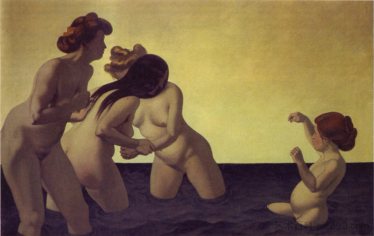 三个女人和一个小女孩在玩水 Three Women and a Little Girl Playing in the Water (1907)，费利克斯·瓦洛顿