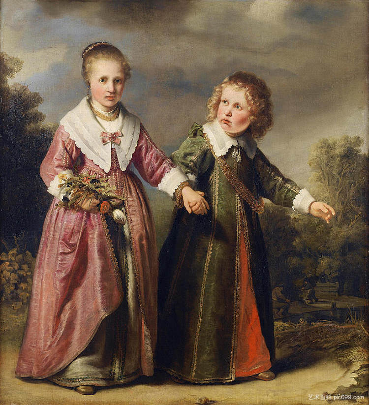 一个拿着鲜花的年轻女孩和风景中的年轻男孩的肖像 Portrait of a Young Girl Holding a Posy of Flowers and a Young Boy in a Landscape，费迪南德·波尔