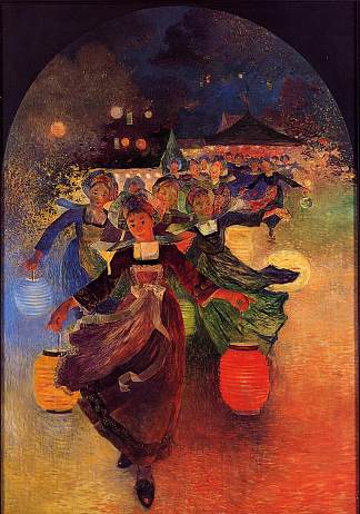 布列塔尼女孩与中国灯笼 Breton Girls with Chinese Lanterns，费迪南德·杜·普伊戈多