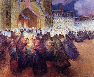 圣保罗德莱昂的夜间游行 Nightime Procession at Saint-Paul De Leon (c.1900)，费迪南德·杜·普伊戈多